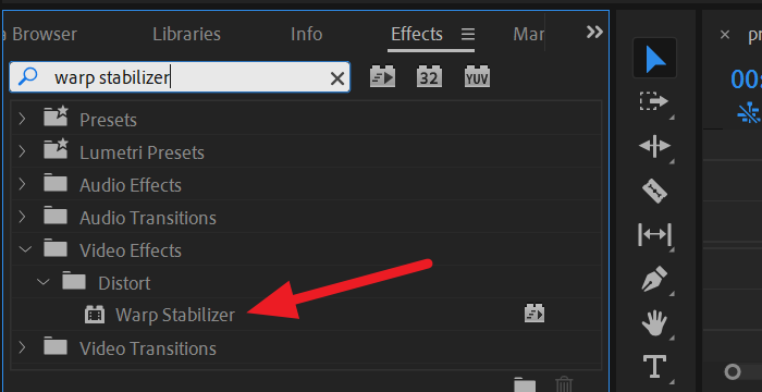 Warp Stabilizer zoeken in Premiere Pro