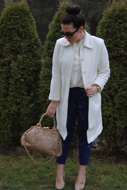 Winter white wool coat with Gap floral pants and a Marc Jacobs handbag