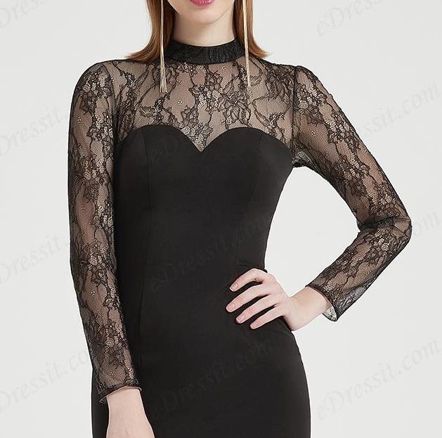 high neck long lace slleves high low black prom dress