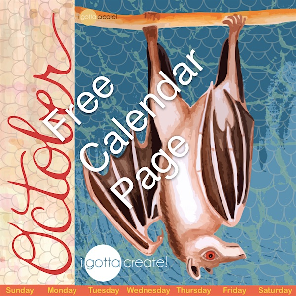 Free printable October calendar page featuring my hand-painted mega bat! | download at I Gotta Create! Free printable October calendar page featuring my hand-painted mega bat! | download at I Gotta Create!
