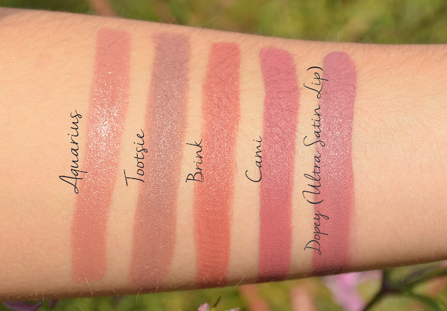 Colourpop Lippie Stix Matte and Matte X Formula (Aquarius, Brink, Tootsie and Cami) and Ultra Satin Lip (Dopey) Swatches