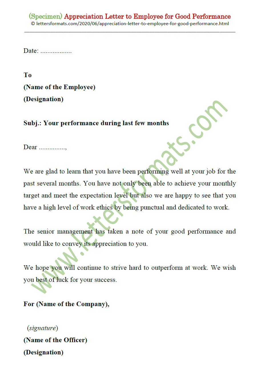 Appreciation Letter to Employee for Good Performance (sample)