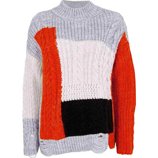 grey colour block cable knit jumper