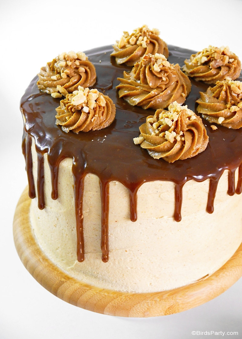 Peanut Butter Celebration Cake - This Peanut Butter Celebration Cake is so easy to make, it's the perfect dessert for peanut butter lovers and is ideal for any party or event! by BirdsParty.com @birdsparty #cake #cakerecipe #peanutbutter #peanutbuttercake #peanutbutterrecipes #recipes #drizzlecake #dripcake #layercake #peanutbutterlayercake #peanutbutterfrosting