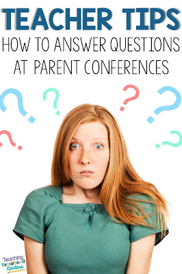 how to answer difficult parent-teacher conference questions from parents teacher looking flustered with questions marks around her head