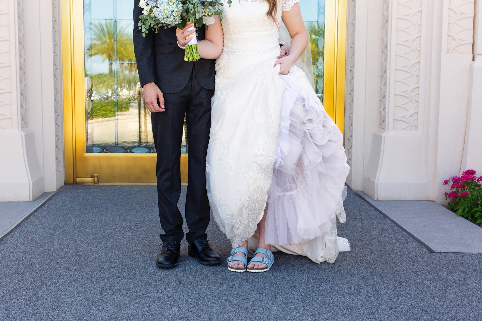 birkenstocks with wedding dress