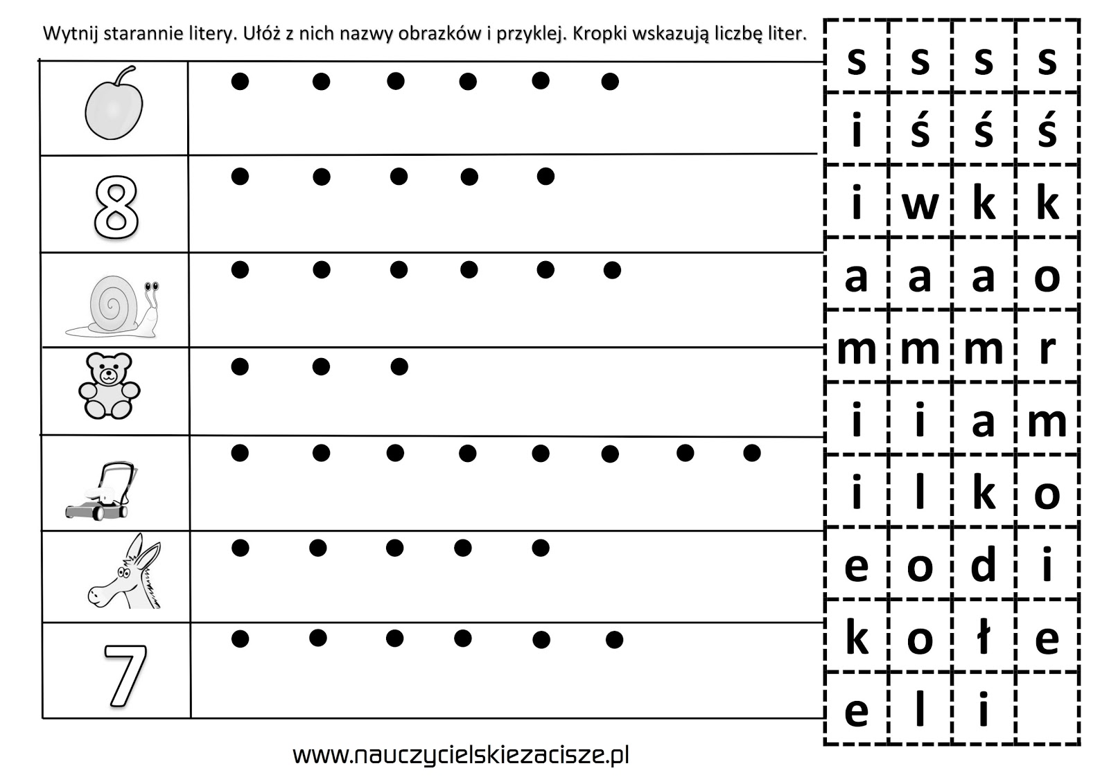 Różnicowanie Głosek Sz S Karty Pracy Nauczycielskie zacisze: Karty pracy - ś jak ślimak, si jak siedem