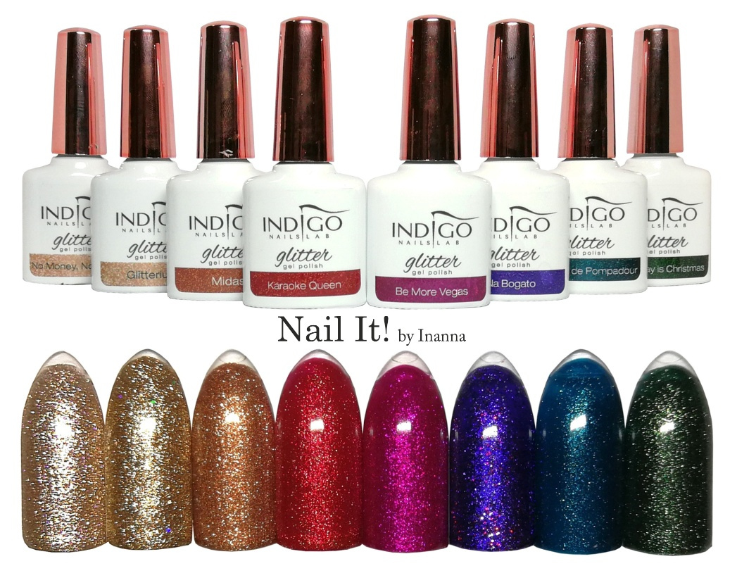 Indigo Nails "Glitter" Collection swatches of all 8 colors NAIL IT