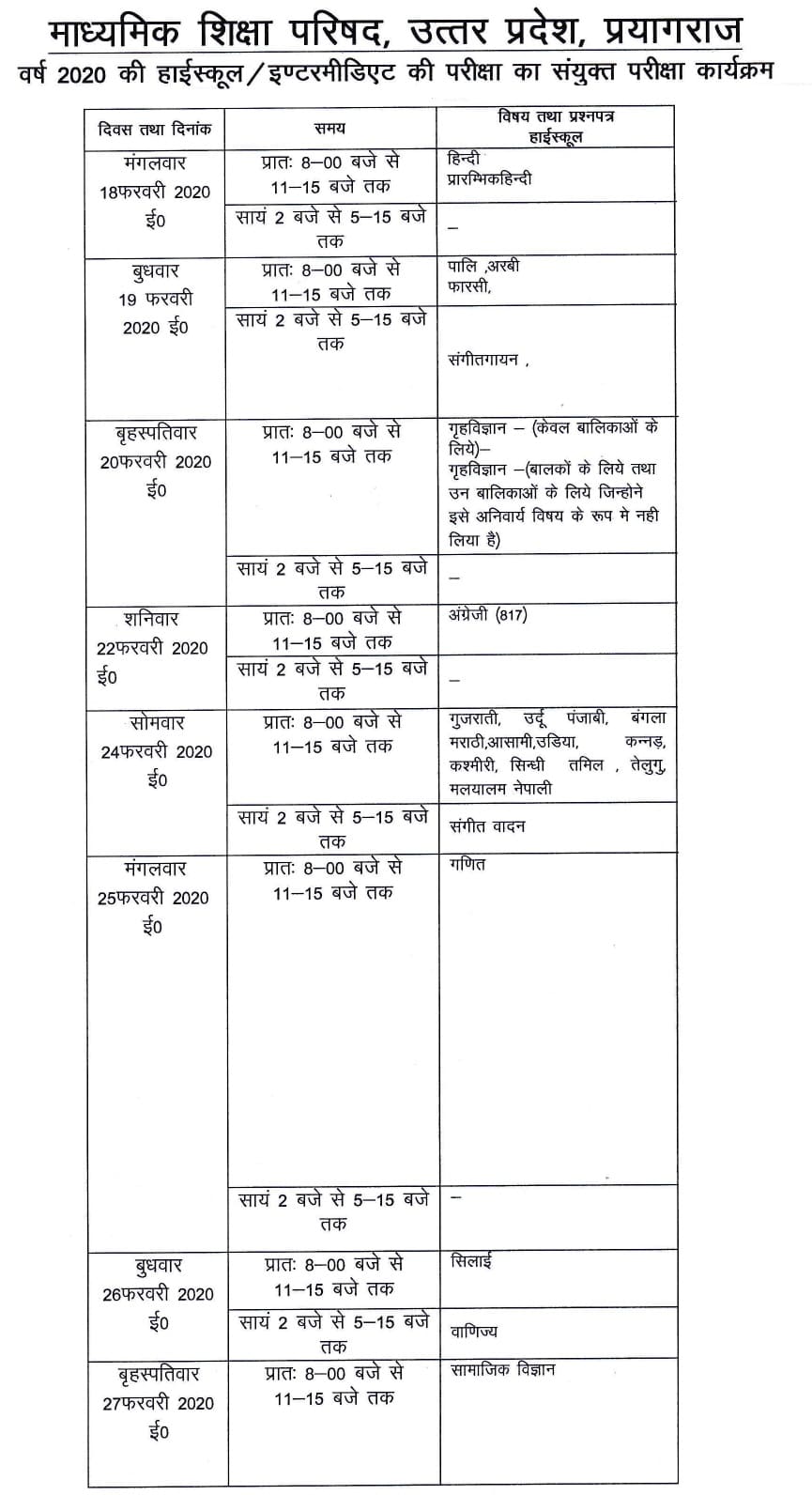 Board Time Table 2020