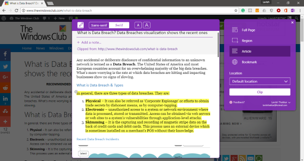 Recortador web de OneNote