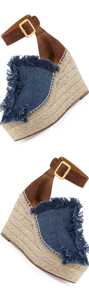 Chloe Frayed Denim Espadrille Sandal, Blue/Coffee