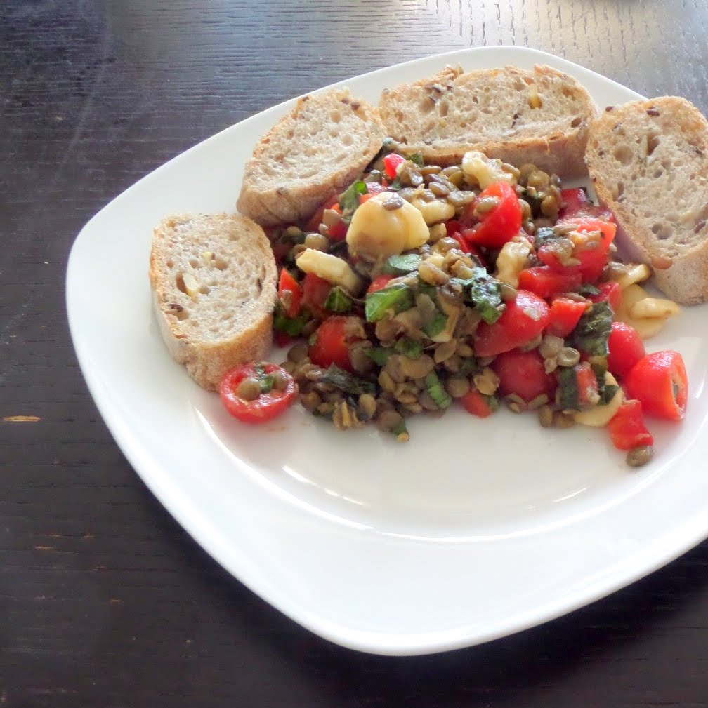 Lentil Caprese Salad:  A lentil salad with tomatoes, mozzarella, and basil tossed in a balsamic vinaigrette. It's great as a side or a light lunch.