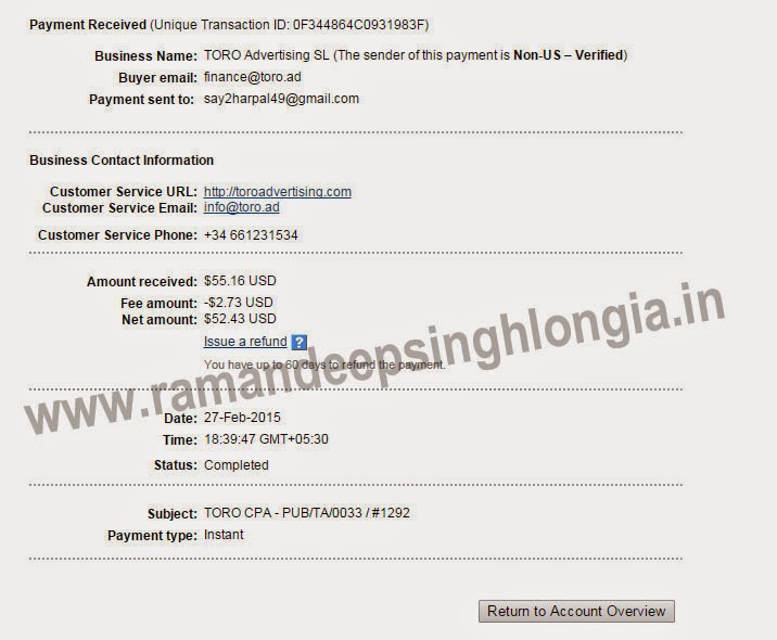 Toro Advertising Payment Proof Paypal