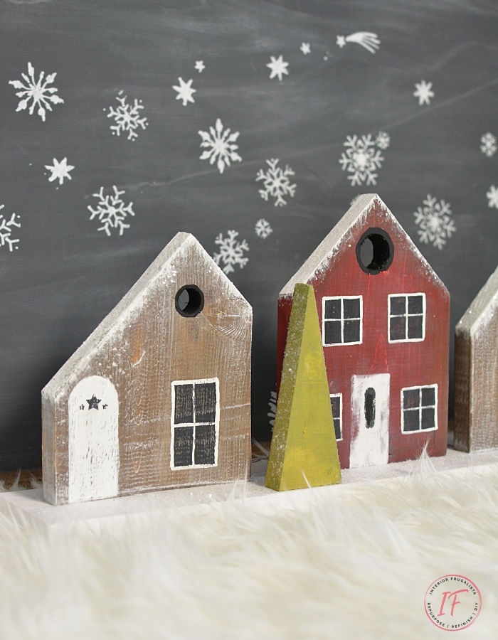 How to build a Scandinavian Village with rustic charm, an inexpensive Christmas decor idea for a fireplace mantel with salvaged scrap wood lumber.