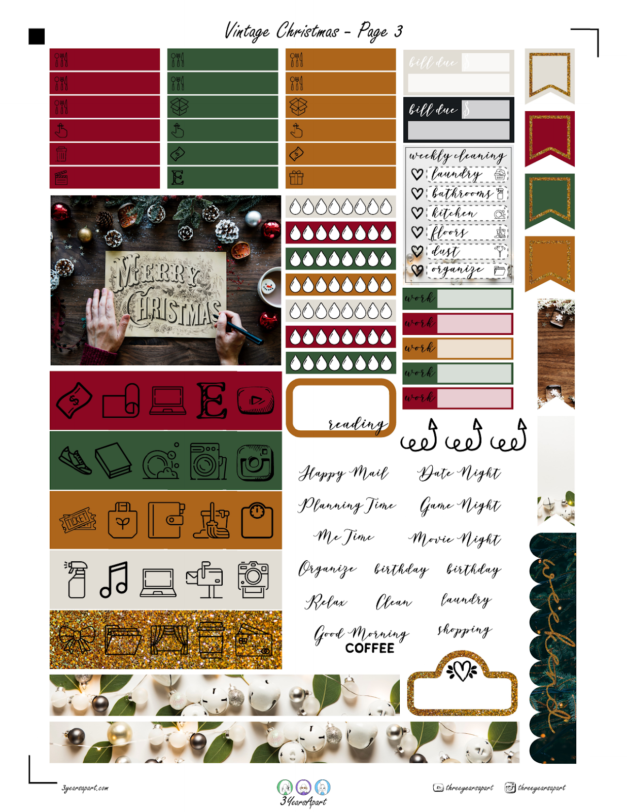 Christmas Planner Sticker Sheet, Bullet journal Stickers PNG