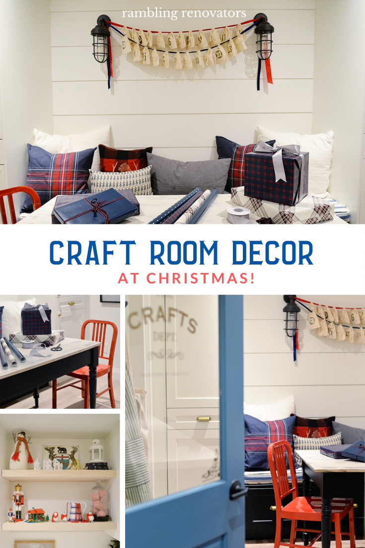 craft room decor, christmas craft room, red and blue Christmas decor