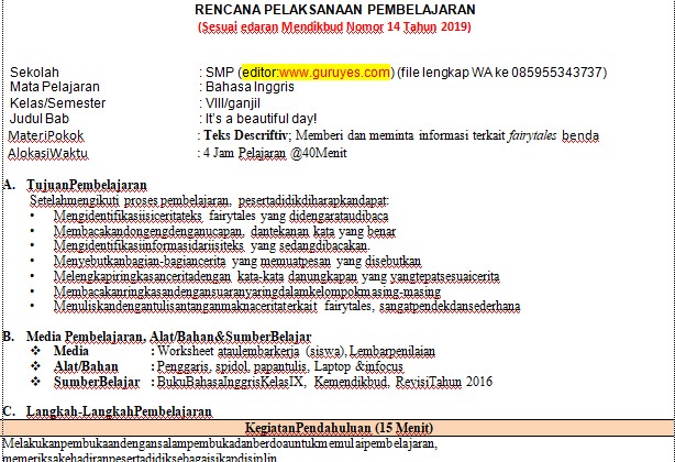 Rpp 1 Lembar Bahasa Inggris Smp Kelas 8 Semester 1 Situs Guru