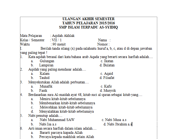 Download Soal Akidah Akhlak SMP Kls 1 Semester 1 Beserta Jawaban