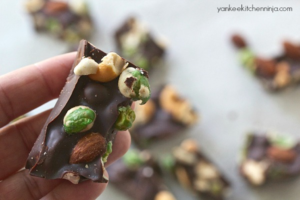 Wasabi pea chocolate bark with almonds and cashews