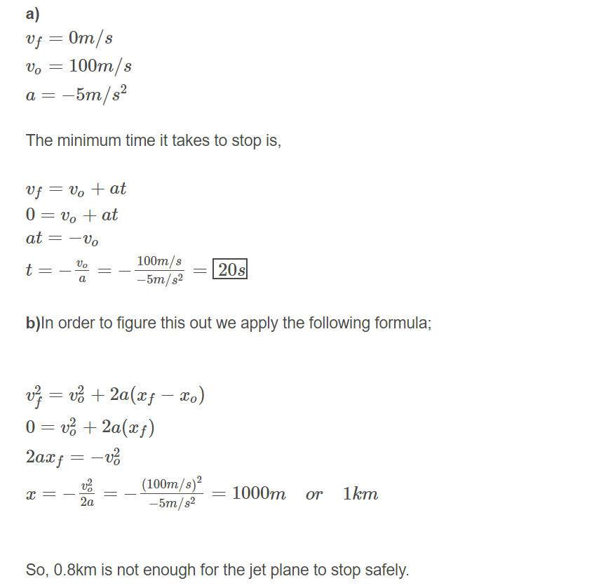 A Jet Plane Lands With A Speed Of 100 M S And Can Accelerate At A Maximum Rate Of 5 00 M S As It Comes To Rest A From The Instant The Plane