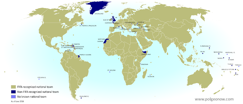 Map of countries and territories with FIFA-unrecognized national football teams, plus those with no national team. Includes recognized countries, breakaway states, and dependent territories. Colorblind accessible.