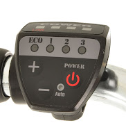 Vilano Pulse's Power control Panel, handlebar mounted for easy pedal assist selection plus battery meter