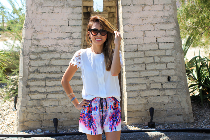 Zara Lace Sleeve top, Watercolor shorts, Prada Poeme sunglasses, beautybitten