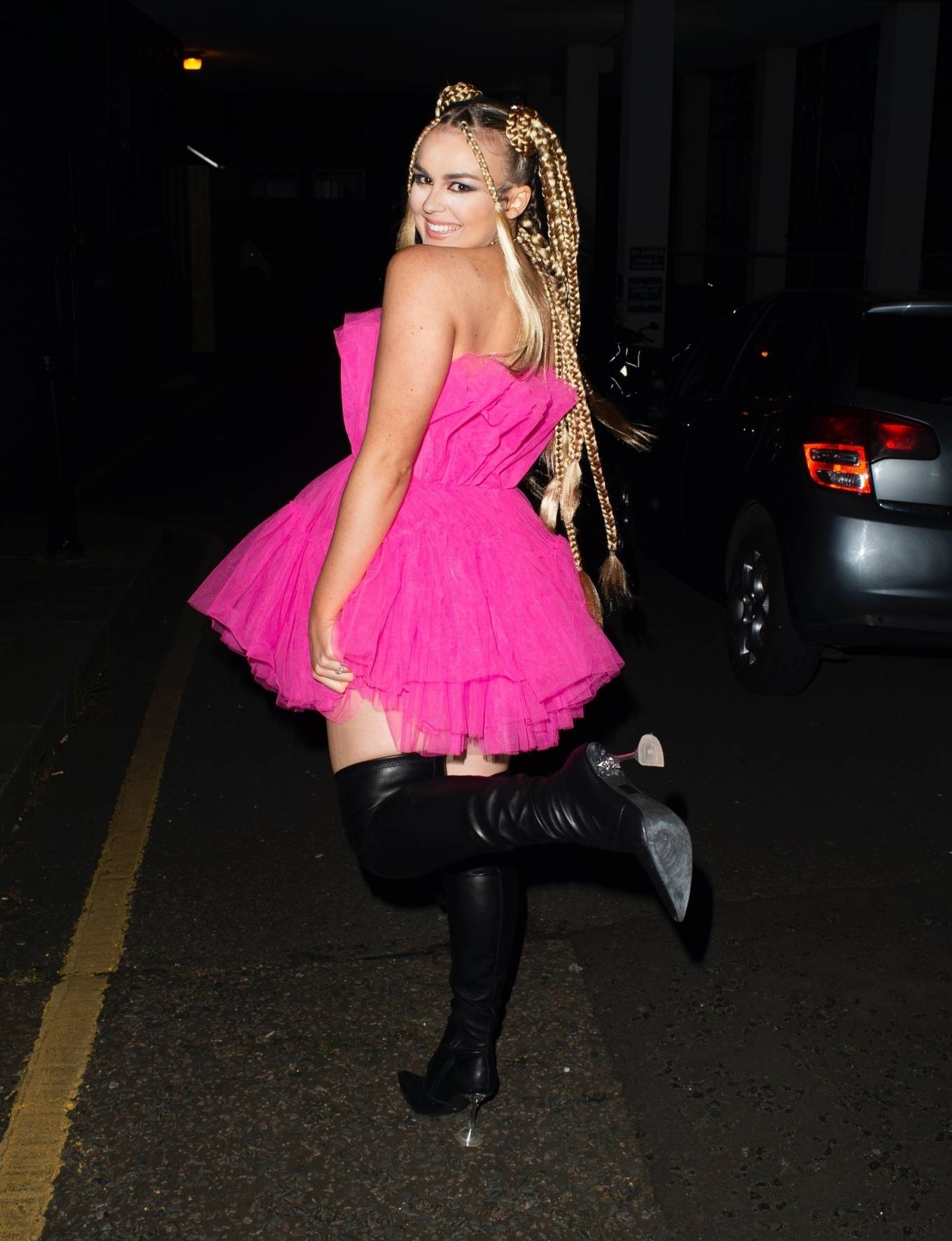 Tallia Storm – Night out in pink dress and thigh-high boots in London ...
