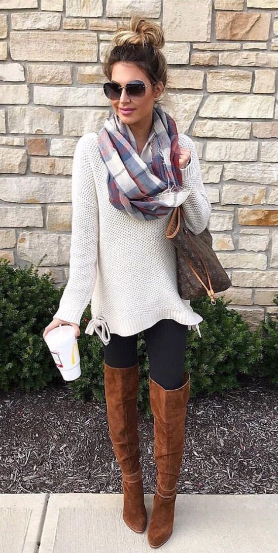 Fall fashion | Tartan scarf with sweater and over the knee boots | Just ...