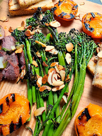 Grilled Honey Ginger Glazed Pork Tenderloin with Apricots & Broccolini:  Juicy pork tenderloin is spiced just right and then glazed with a ginger honey scallion sauce and served with grilled apricots and broccolini with toasted almonds. - Slice of Southern