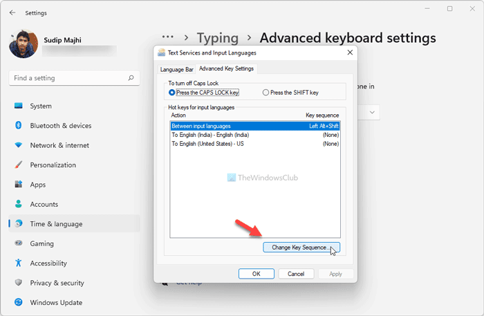 Windows 11에서 입력 언어를 변경하기 위해 키 시퀀스를 변경하는 방법
