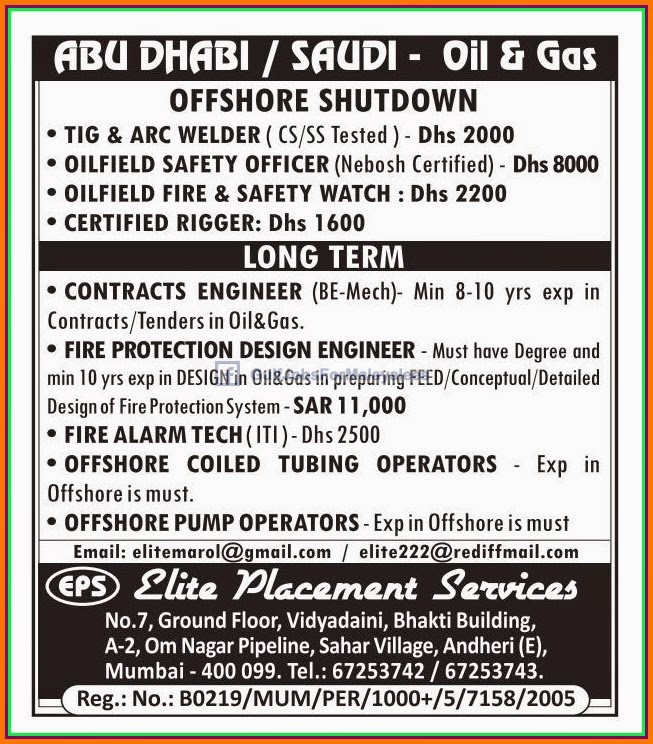 Oil & Gas Offshore Job Vacancies for Abudhabi & Saudi Arabia Gulf