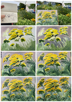 Yarrow flowers, yellow painting, Kath Schifano, step by step paint