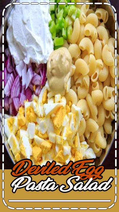 Check out the recipe for this deviled egg macaroni pasta salad! Light on the mayo and big on flavor, this dish is a hit at cookouts or summer gatherings! Great way to use leftover hard boiled eggs. #trialandeater #deviledeggs #eggs #pasta #pastasalad