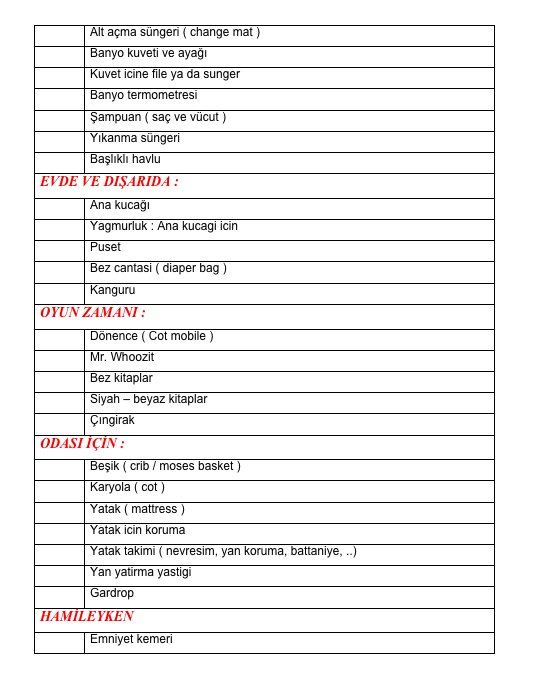 bebek ihtiyaç listesi
