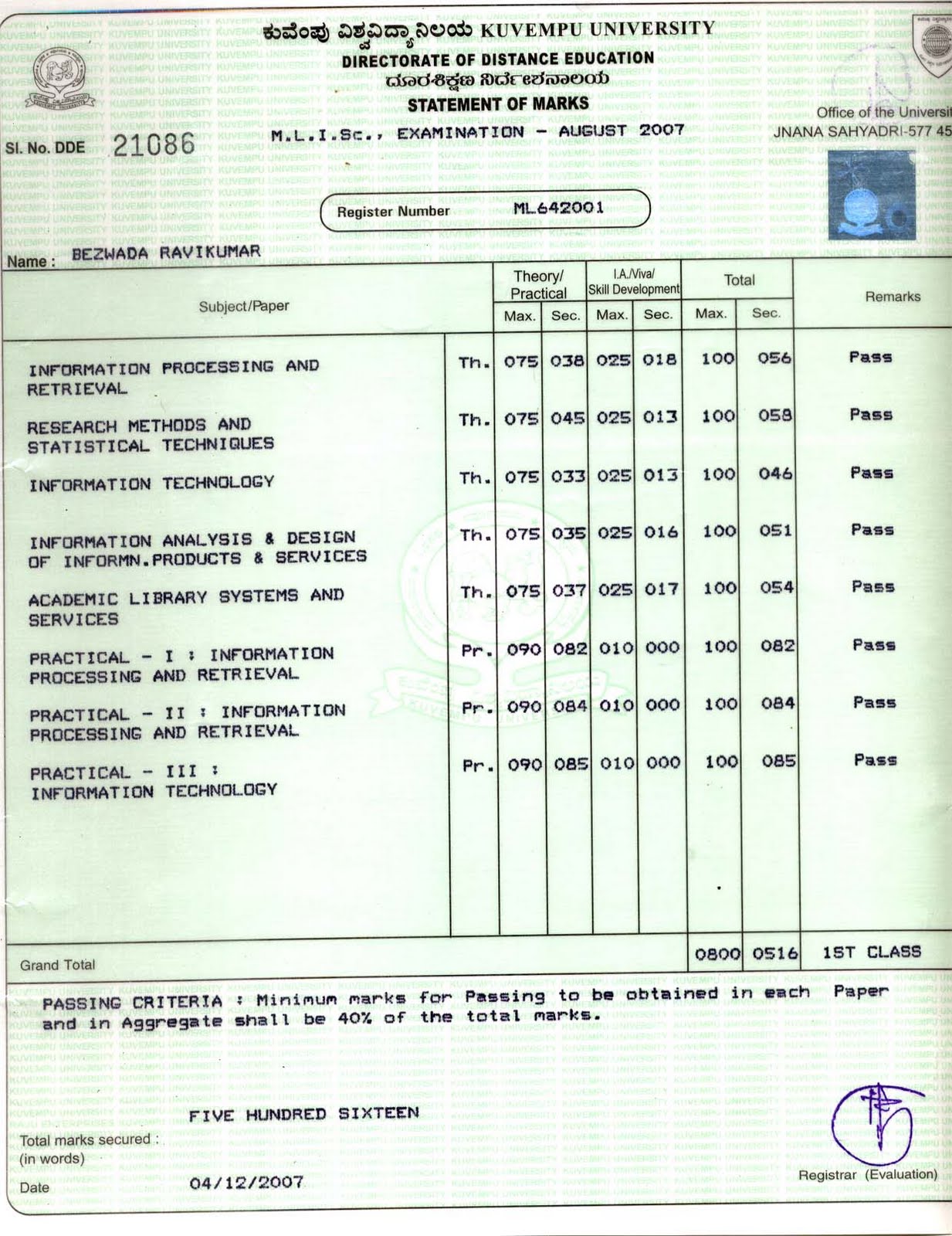 : KUVEMPU UNIVERSITY M L I SC MARKS : KUVEMPU UNIVERSITY M L I SC MARKS