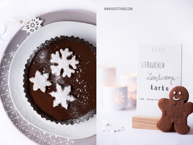 Weihnachtliche Tarte mit Lebkuchen, Zimt, Schokolade und Schneeflocken Cookies