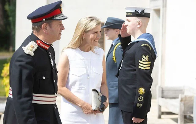 The Countess of Wessex is Patron of the Java Far East Prisoners of War Club. The Countess wore a white top and white pleated skirt