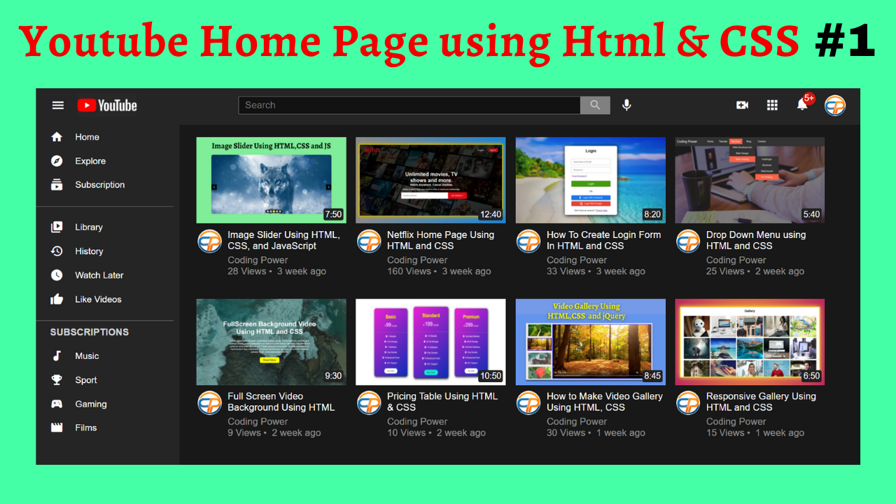YouTube Home Page Using HTML and CSS Coding Power