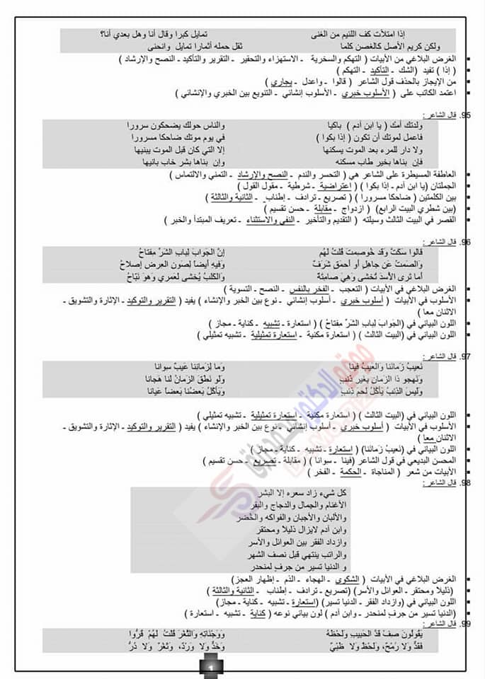 ١٠٠ سؤال في البلاغة بالنظام الجديد تالتة ثانوي - مجاب عنهم