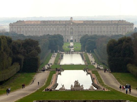 The 1200-room Reggia di Caserta - the Royal Palace - seen from the Grande Cascata waterfall in its magnificent gardens
