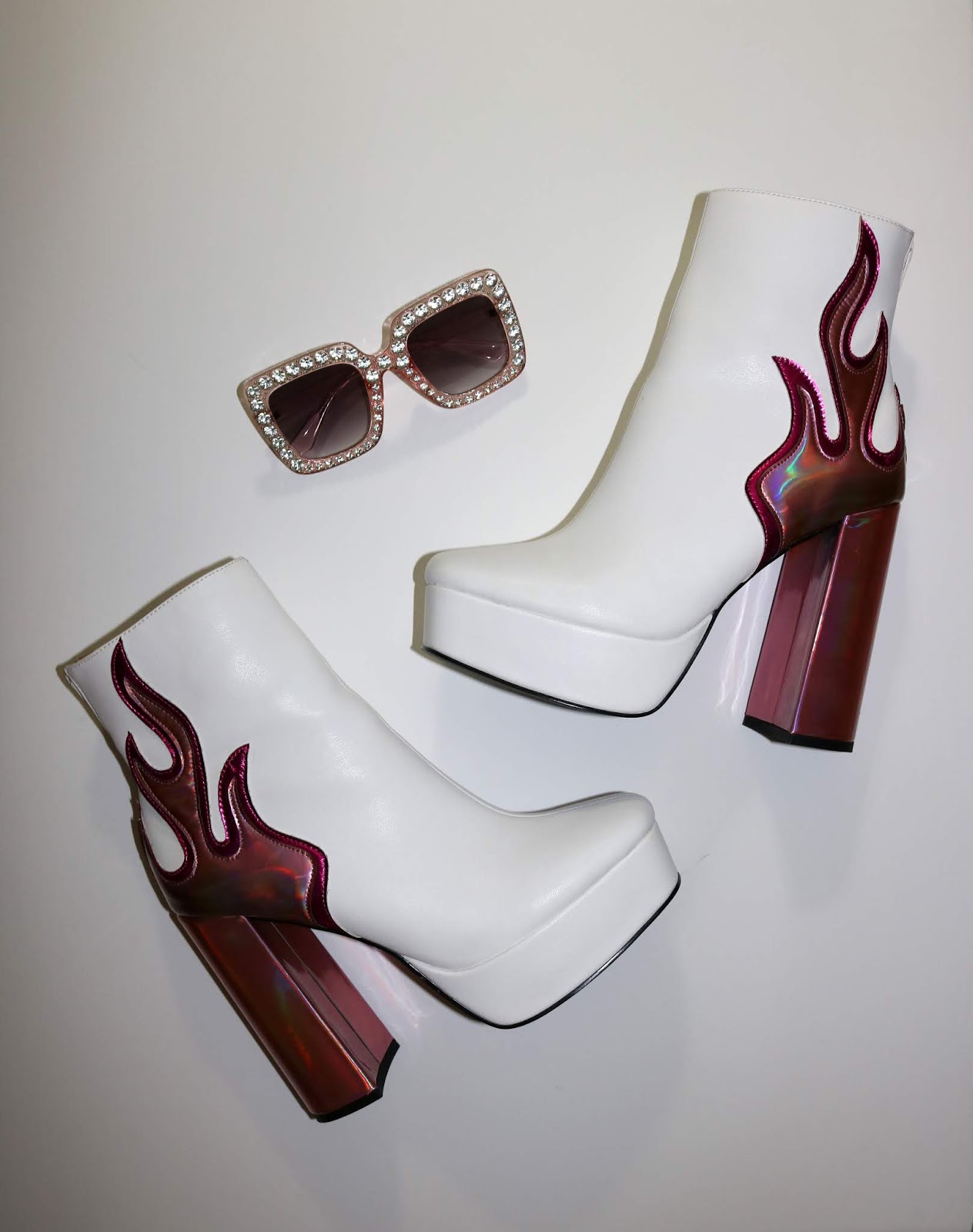 ablaze white flame detail platform block heeled ankle boots