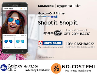 Samsung Galaxy On7 Prime Smartphone Sale will be Start on 20th January 2018 and Exclusively available on amazon only.  Its available on Two variant, 3GB RAM / 32GB ROM (at Rs. 12990/-) and 4GB RAM / 64 GB ROM (at Rs. 14990/-)