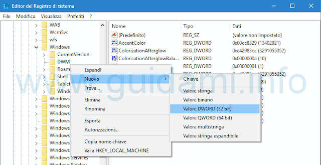 Aggiungere valore DWORD Registro sistema Windows 10