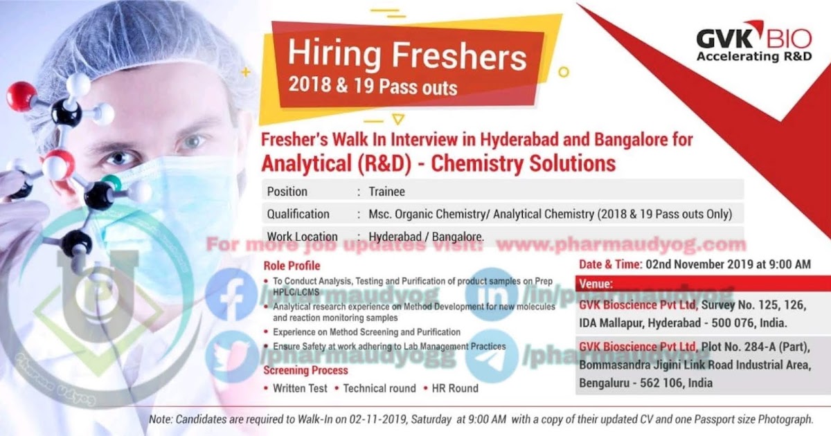 GVK bio Walkin interview at Hyderabad & Bangalore for Freshers on 2 Nov 2019 Pharma Jobs