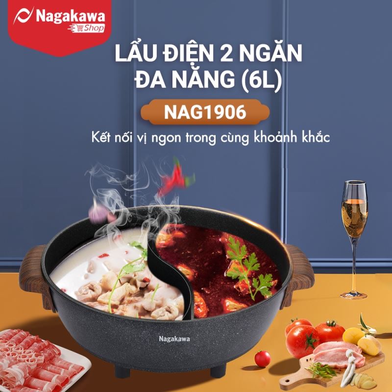 Lẩu điện 2 ngăn đa năng Nagakawa NAG1906 (6L) – Lòng nồi nguyên khối – Chống dịnh vân đá – Bảo hành 12 tháng