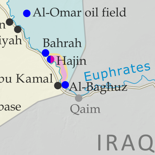 Map of Syrian Civil War (Syria control map): Territorial control in Syria in October 2018 (Free Syrian Army rebels, Kurdish YPG, Syrian Democratic Forces (SDF), Hayat Tahrir al-Sham (HTS / Al-Nusra Front), Islamic State (ISIS/ISIL), and others). Includes US deconfliction zone, plus recent locations of conflict and territorial control changes, such as Hajin, Al Safa, Baghuz, and more. Colorblind accessible.