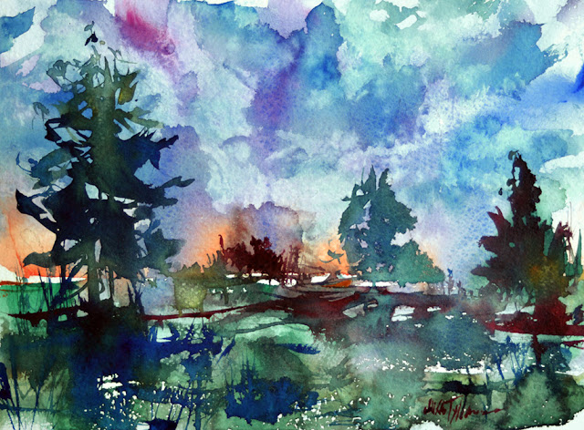 Summer evening landscape watercolor painting  by Mikko Tyllinen