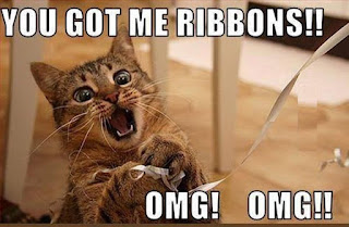 Picture: An excited looking cat playing with a ribbon. Caption: You got me ribbons! OMG! OMG!