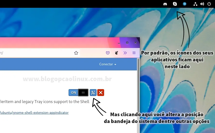 Ícones da bandeja do sistema habilitados no GNOME Shell